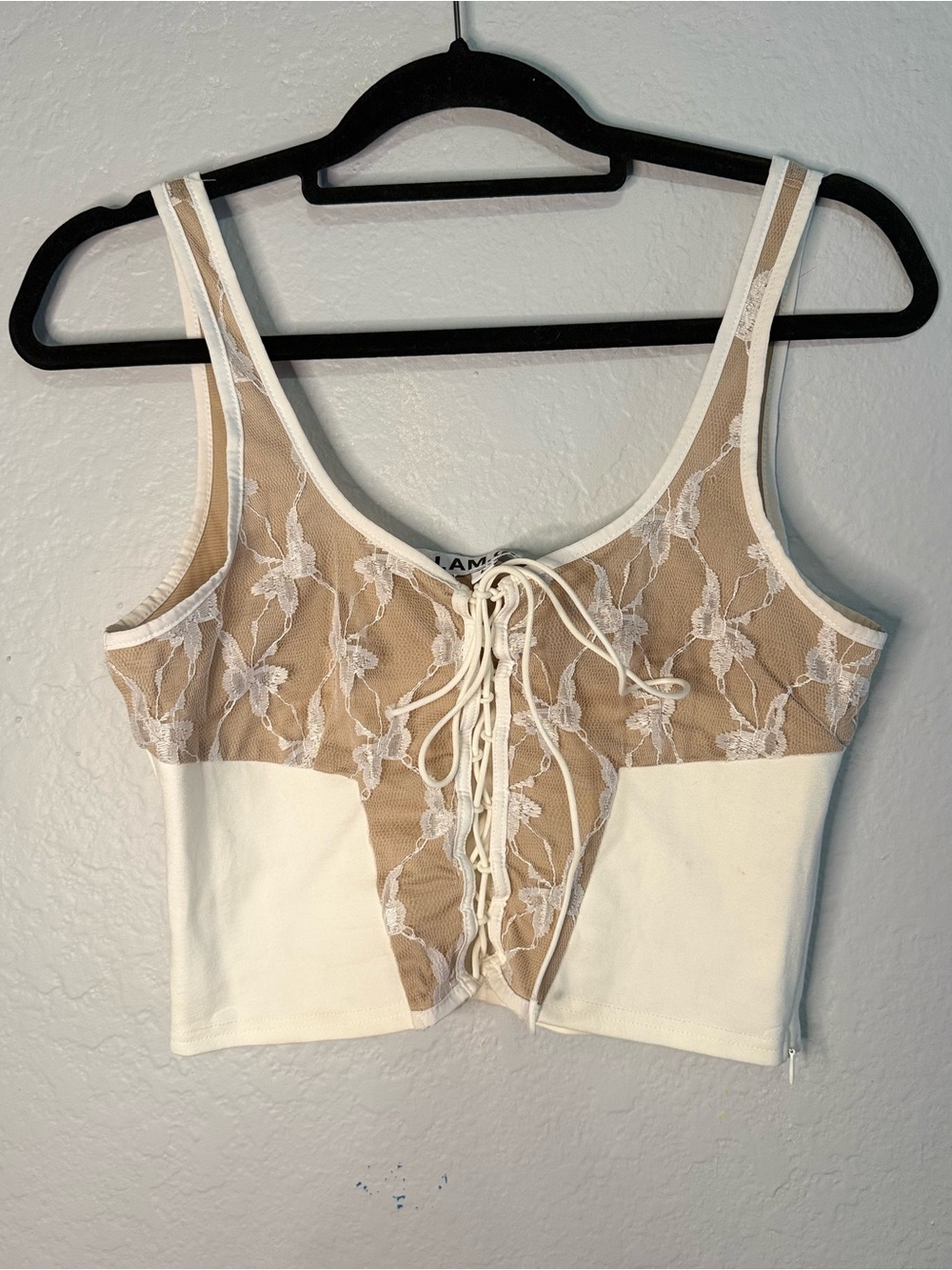 I.AM.GIA White Lace-Up Crop Tank with Beige Mesh